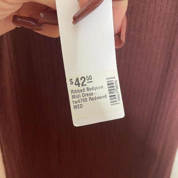 Womens Stitch & feather ribbed bodycon dress midi brown redwood medium m - Picture 4 of 6